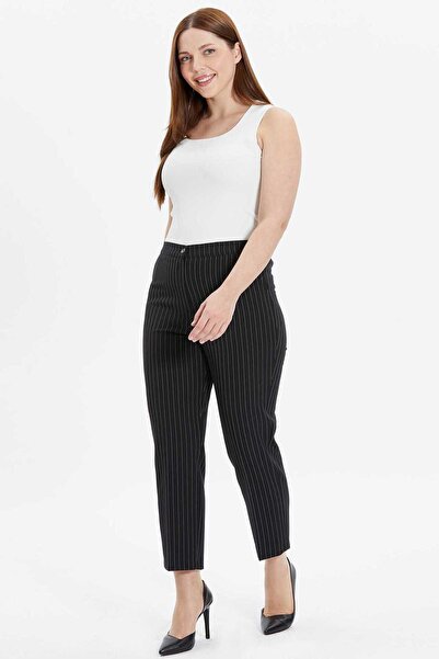Selen Büyük Beden Beli Lastikli Çizgili Boru Paça Pantolon / SİYAH