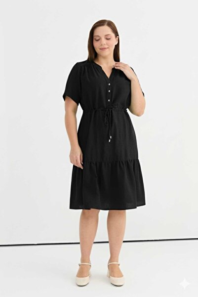 Selen Büyük Beden Eteği Büzgülü Beli Bağlamalı Elbise / SİYAH