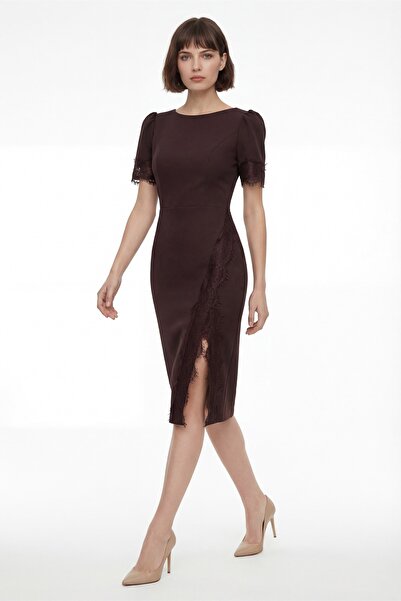 Lafaba Women's Brown Lace Detailed Midi Event Dress