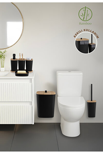 Store HGY Home Safir Bambulu Yapışkanlı 6 Parçalı Siyah Banyo seti
