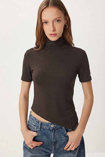 Lovelyİstanbul Turtleneck Asymmetrical Knitted Blouse Lmc0090 Brown