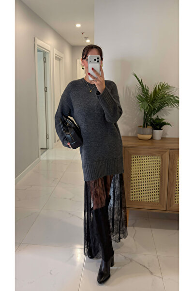 My Blog Anthracite Knitwear Dress with Tulle Detail at the Hem - 251009