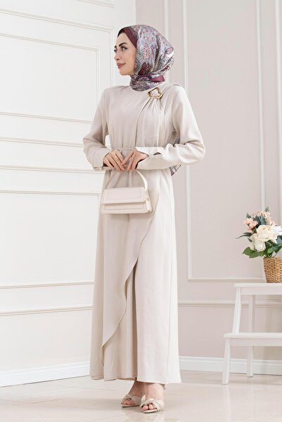 Sevitli Hijab Dress with Shoulder Buckle Detail-Beige