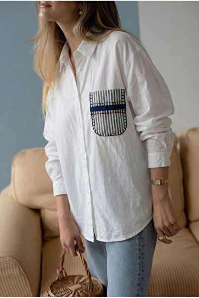 FEMELLE Women's White Pocket Embroidered 100% Cotton Shirt