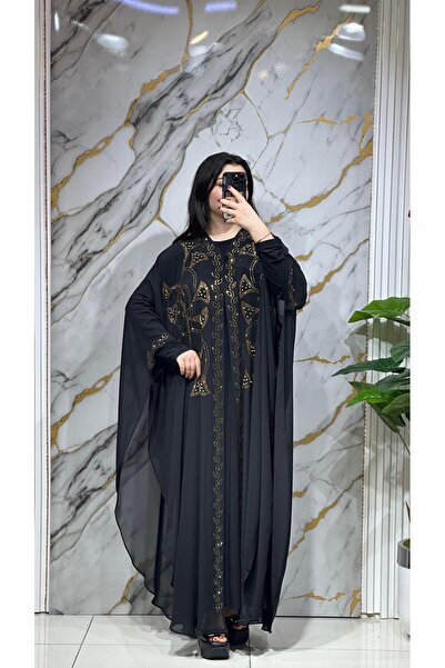 MİSS DİAMOND Stoned Embroidered Black Stylish Hijab Ferace Abaya