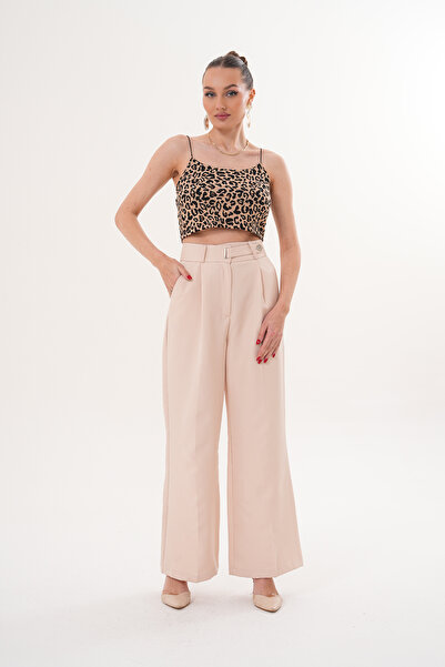 THE WOOW Women's High Waist Belted Buckle Detailed Pleated Palazzo Beige Trou...