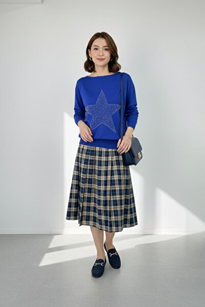 LAbute Kayık Yaka Yıldız Desen Parlak Taş Baskılı Merserize Triko