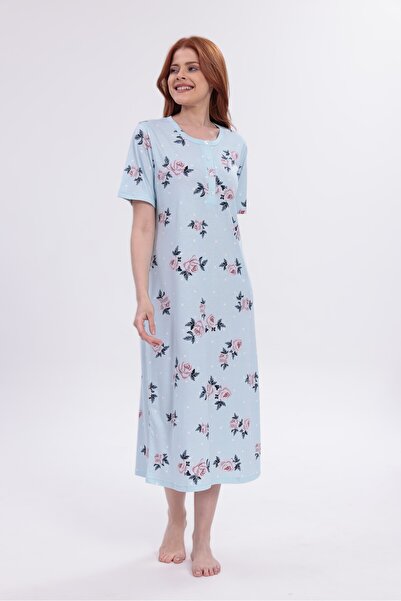 BLACKMORE Women's Blue Floral Patterned Cotton Special Design Nightgown