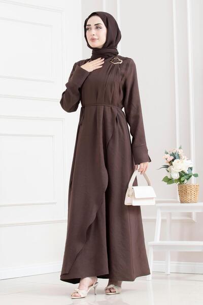 Sevitli Hijab Dress with Shoulder Buckle Detail - Brown