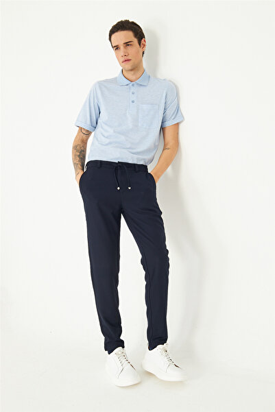 White Stone Navy Blue Modern Cut Lace-Up Smart Casual Jogger Pants