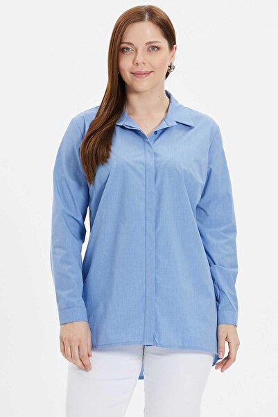 Selen Büyük Beden Önü Patlı Gömlek / MAVİ