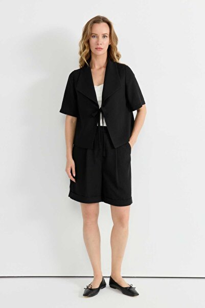 Selen Duble Paça Beli Lastikli Şort / SİYAH