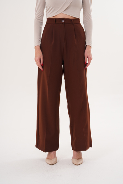 THE WOOW Women's High Waist Fabric Buttoned Pleated Palazzo Brown Trousers