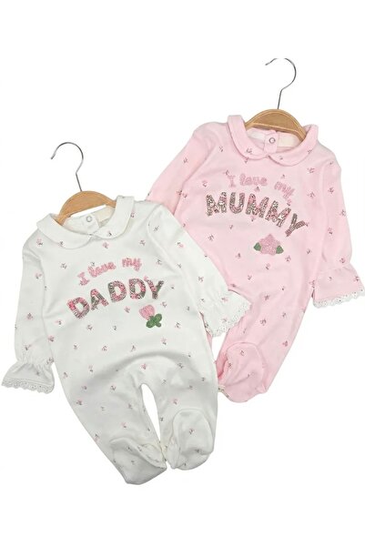 AKİ MODA KİDS I Love My Mommy & Daddy 2-Piece Baby Girl Romper Set – Pink & W...
