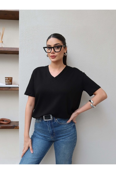 ESRAHELVACI Black V-Neck Plain Orj T-shirt