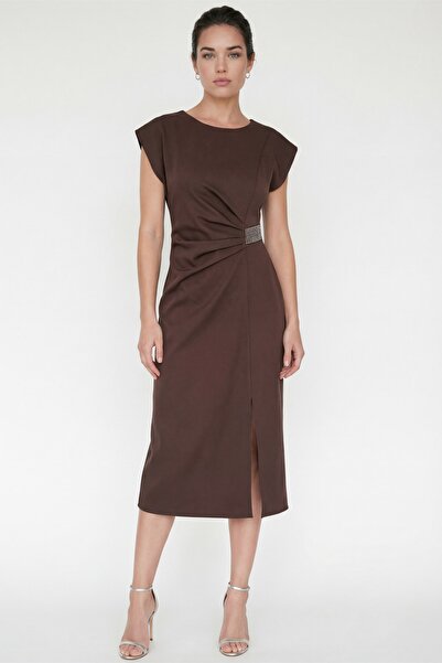 Lafaba Women's Brown Crew Neck Slit Midi Event Dress