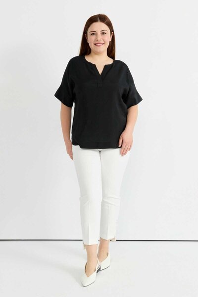 Selen Büyük Beden V Yaka Düşük Kol Etek Ucu Oval Bluz / SİYAH