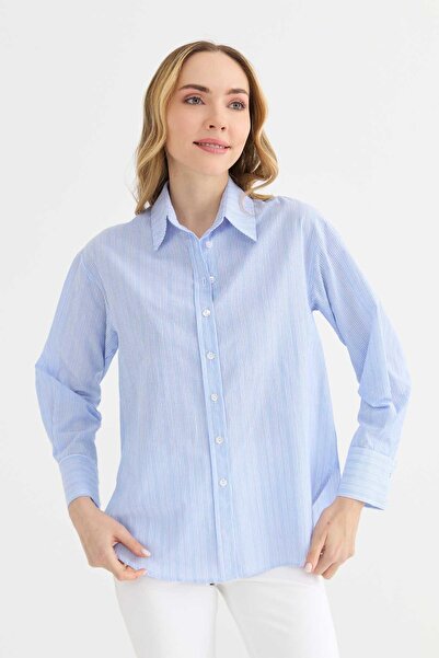 Selen Arkası Uzun Çizgili Gömlek / MAVİ