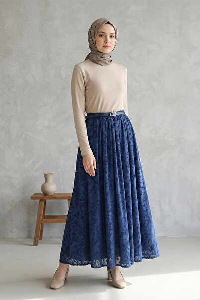 Kirazgym تنورة نسائية من الأورجانزا مبطنة ومقلمة بنقشة منقوشة مع حزام - أحمر ...