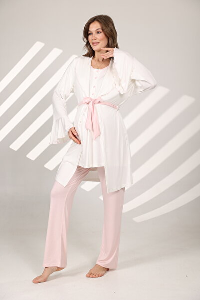 Rimel Homewear Lohusa ve Hamile Pamuklu 3'lü Sabahlıklı Pijama Takımı - Emzir...