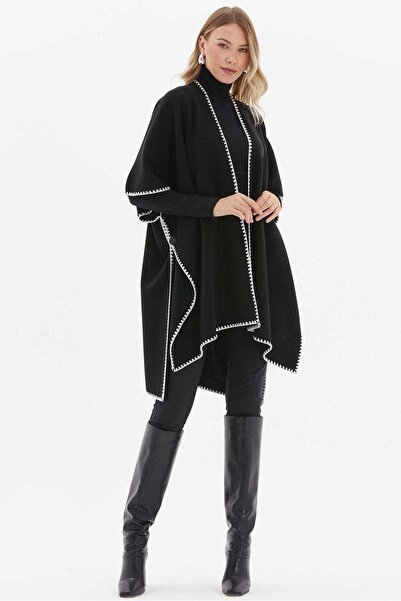 Selen Kenarları İşlemeli Triko Panço / SİYAH