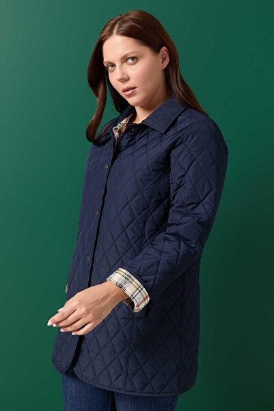 Selen Büyük Beden Klasik İçi Ekose Kapitone Uzun Mont / LACİVERT