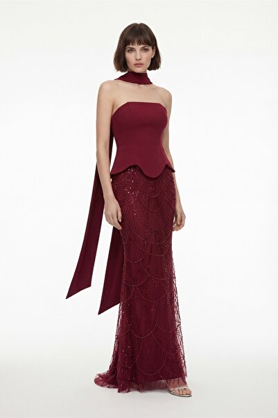 Lafaba Women's Burgundy Slim Fit Strapless Stoned Long Mermaid Evening Dress