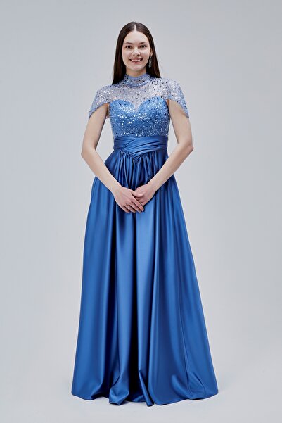 Asees Kadın Abiye ve Mezuniyet Büzgülü Korsajlı İnci Boncuklu Saten Abiye Elbise