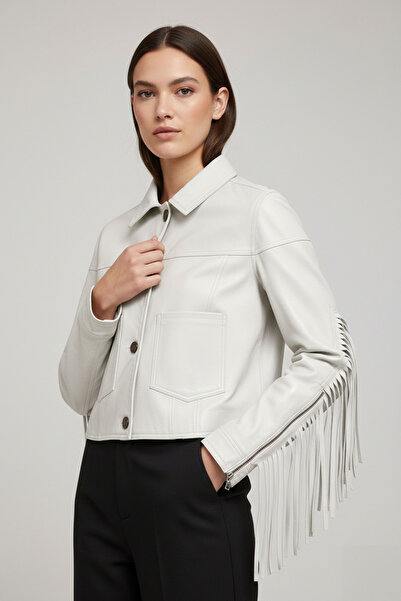 Kırcılar Genuine Leather Tasseled Women's Jacket White Western Chic