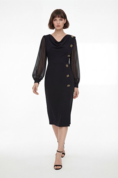 Lafaba Women's Black Degaje Collar Midi Event Dress