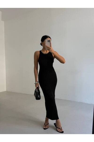 NİCE STYLE Women's Cross-Collar Chain Detail Knit Dress