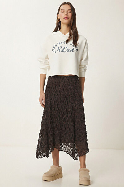 Lovelyİstanbul Lace Detailed Asymmetrical Midi Skirt Lzv0049 Brown