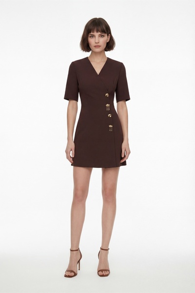 Lafaba Women's Brown V-Neck Accessory Detailed Mini Dress