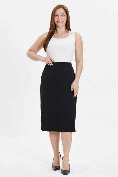 Selen Büyük Beden Arkası Plikaşe Etek / SİYAH