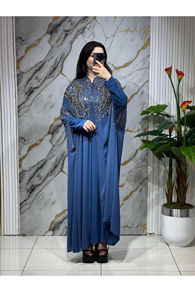 MİSS DİAMOND Elegant Stone Embellished Blue Abaya Ferace Dress
