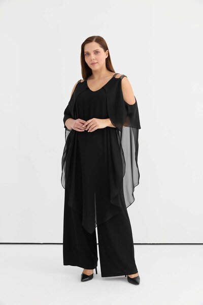 Selen Büyük Beden Üstü Şifon Kombinli Tulum / SİYAH