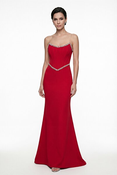 Lafaba Women's Red Slim Fit Strapless Stoned Peplum Cut Engagement Wedding Ev...