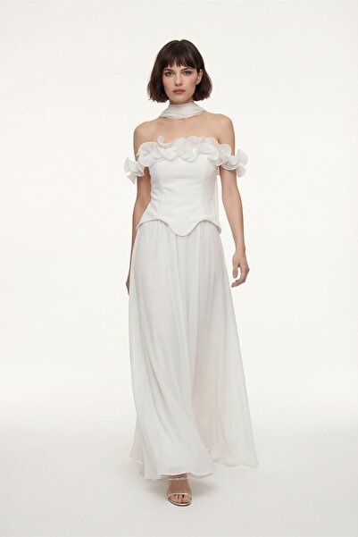 Lafaba Women's White Ruffle Detailed Long Engagement Wedding Evening Dress