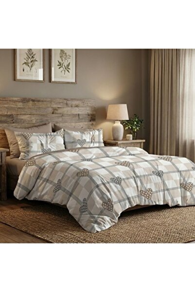 Pucioasa Lenjerie de pat dublu din finet cu 6 piese, Inimi Bej