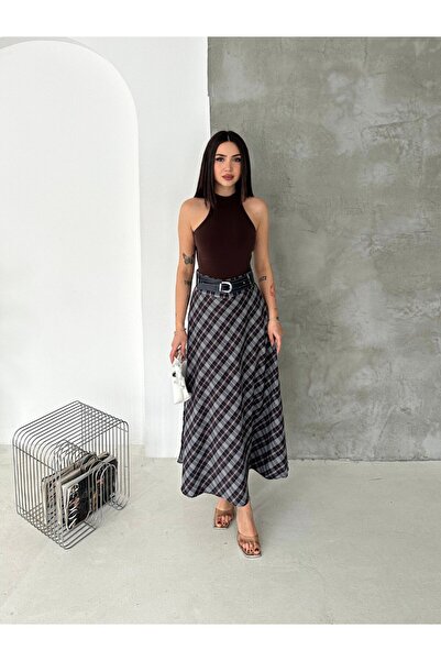 MİSPİER Plaid Patterned Belted Long Skirt