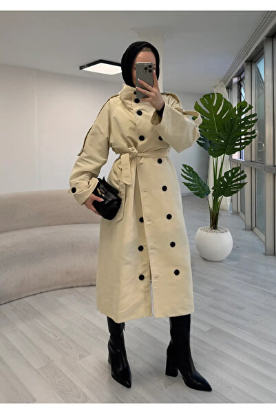 solena sln Trenci de damă crem, cu nasturi, cu guler înalt