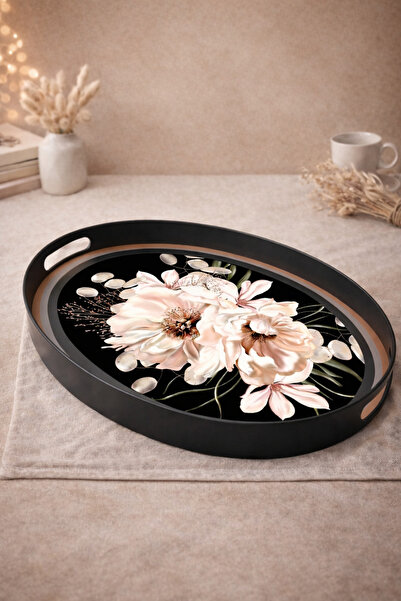 Blackstar Beyaz Çiçek Desenli Oval Tepsi Siyah