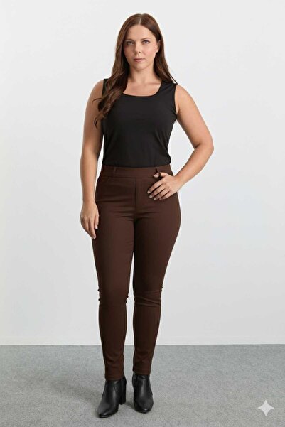 Selen Büyük Beden Dar Paça Cep Kenarı Taşlı Örme Pantolon / KAHVE