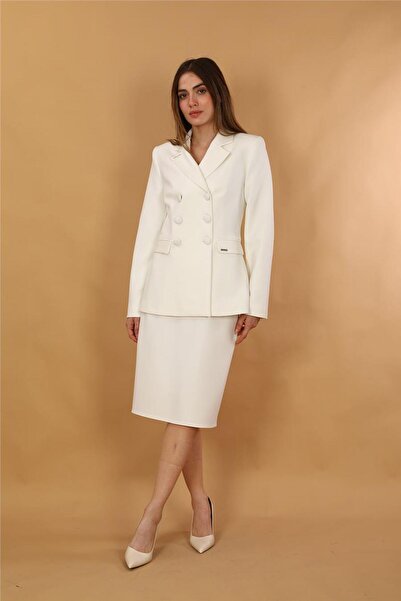 ÖNDER ÖZSOY Buttoned Classic Blazer Jacket & Short Pencil Skirt Women's Suit-...