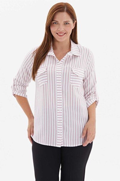 Selen Büyük Beden Çizgili Kapak Cep Gömlek / MOR
