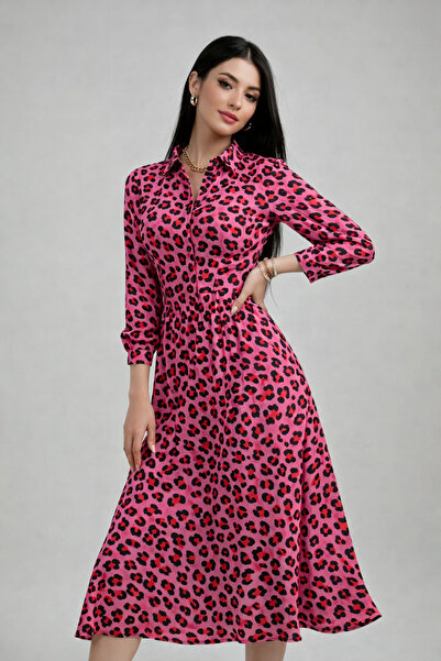 Rich Women's Fuchsia Spotted Half-Pat Buttoned Elastic Waist Dress