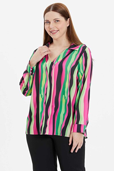 Selen Büyük Beden Gömlek Yakalı Çizgili Bluz / SİYAH