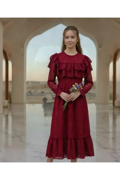 STYLENEST Bordo Dantel Kız Çocuk Elbisesi Uzun Kollu Midi Zarif Özel Gün