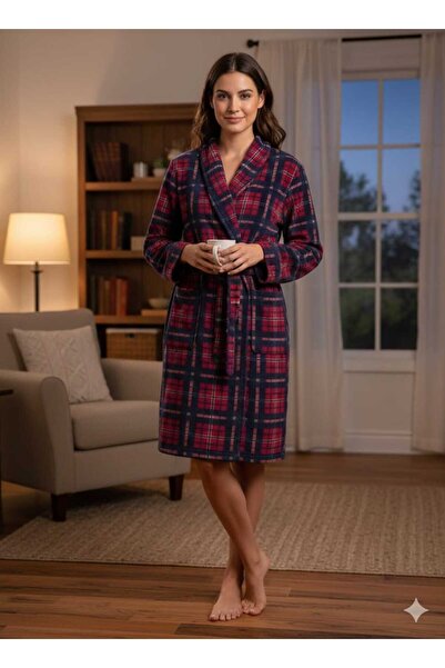 Asel Women's Plaid Patterned Fleece Dressing Gown