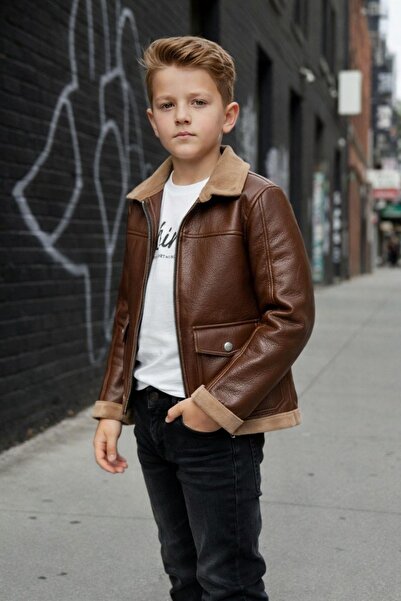 Pina Kids Boy's Leather Jacket and Jeans Trousers Penyeli Three-Piece Set